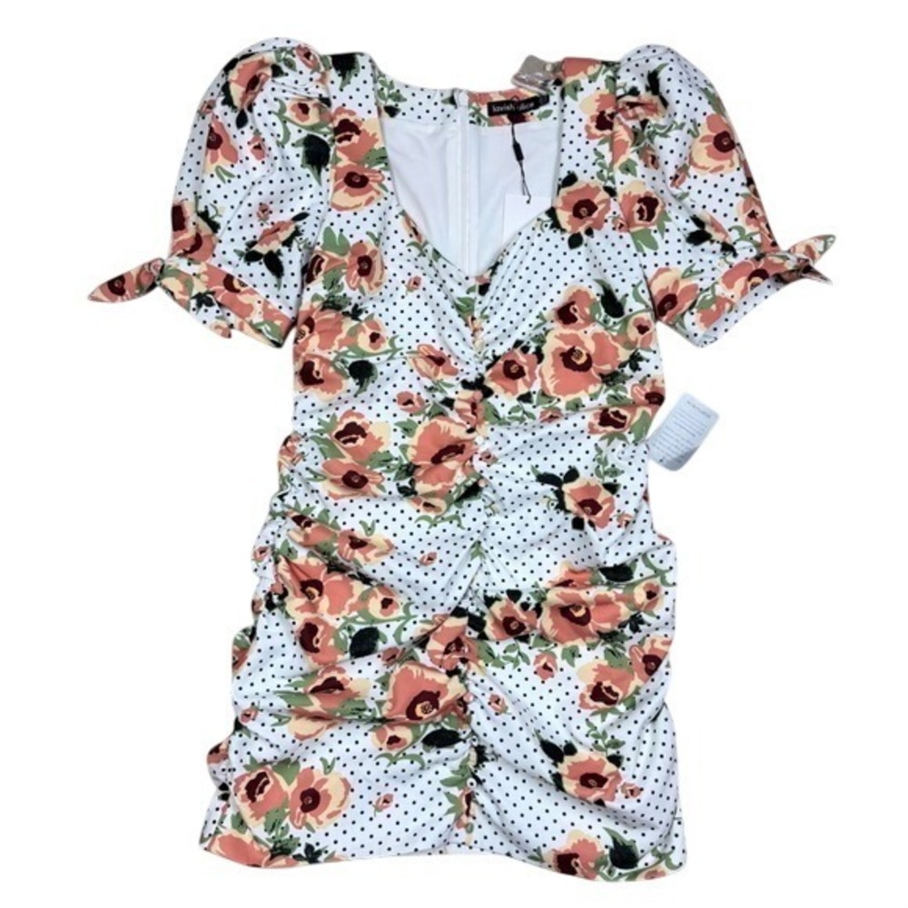 NWT Lavish‎ Alice Polka Dot Floral Ruched Puff Sleeve Mini Dress White 14 - Picture 2 of 7